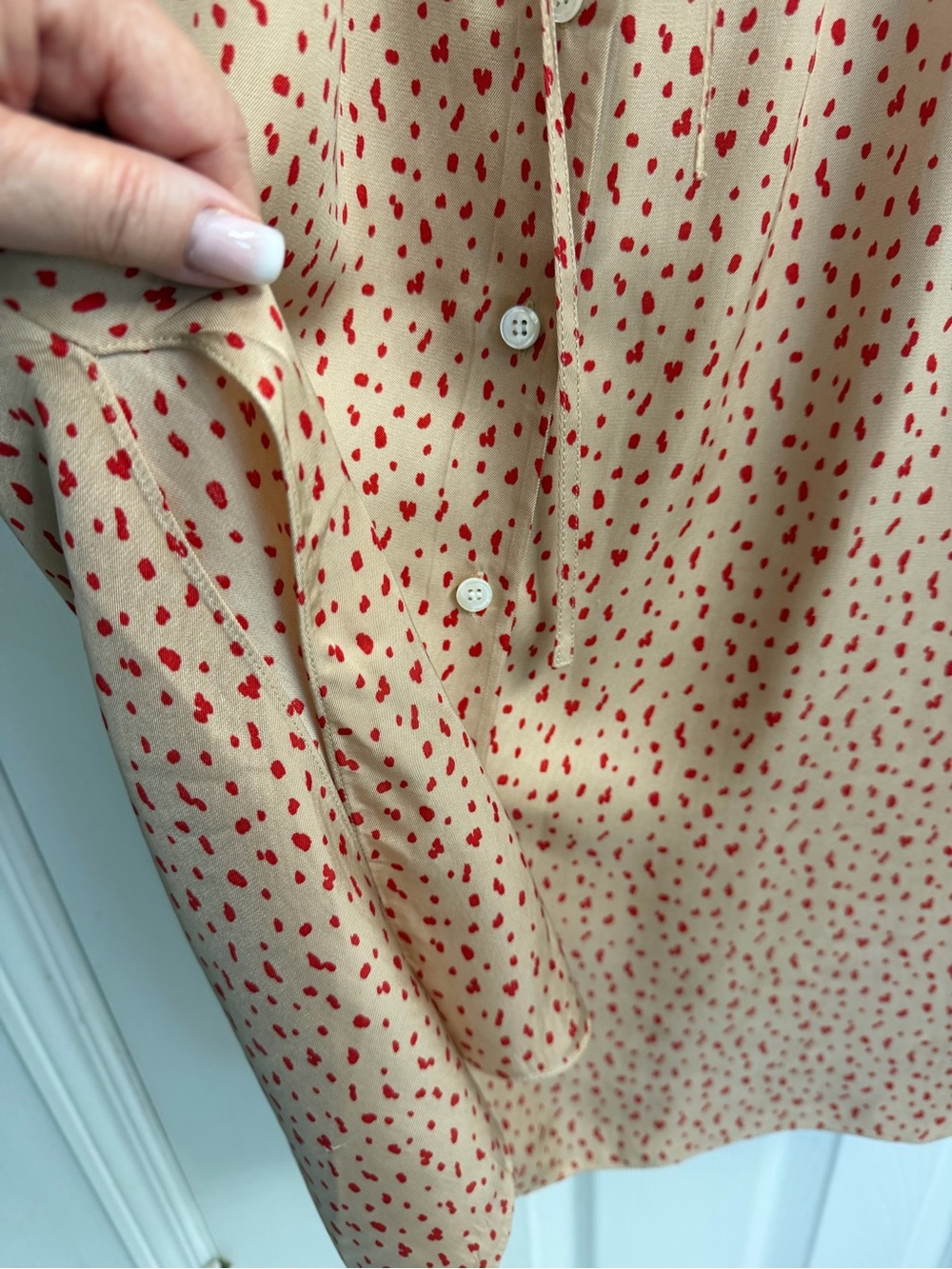 Theory Cream & Red Spring Dot Print Button-Front Midi Shirt Dress 00 - Picture 5 of 11